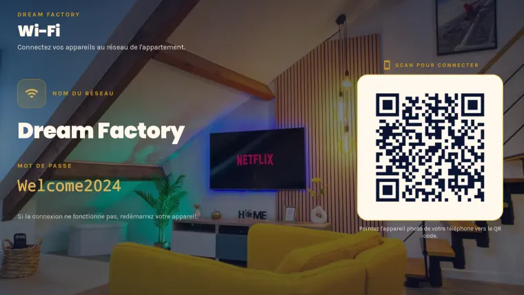 Écran Wi-Fi de Hellobby TV : nom du réseau, mot de passe et QR code à scanner